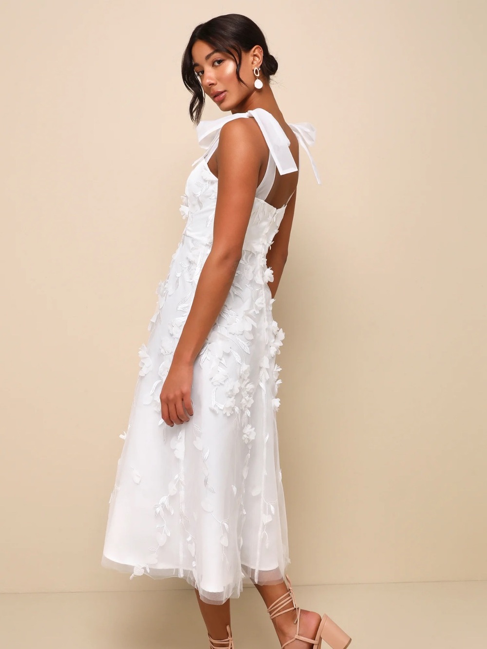 NWOT Lulus Effortlessly Sweet White Tulle 3D Floral Tie-Strap Midi Dress - Picture 2 of 6